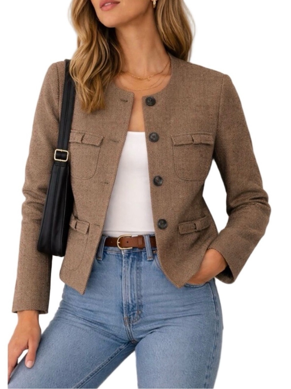 Cabi #3170 Penny Herringbone Fleck Button Front Blazer with Bow Pockets Medium